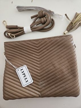 Taupe Quilted Chevron Crossbody Bag with Tassel